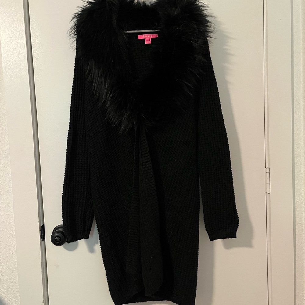 Lilly Pulitzer Black Cardigan with Faux Fur Trim